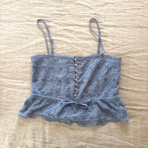 Aerie Blue Eyelet Lace Smocked Tank Top Cotton Blouse Small - Picture 1 of 5